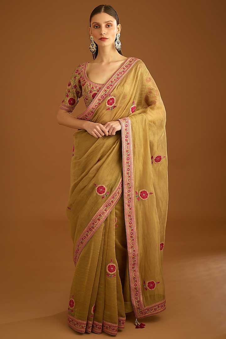 Mustard Gold Chanderi Silk Embroidered Saree Set by Shyam Narayan Prasad at Pernia's Pop Up Shop