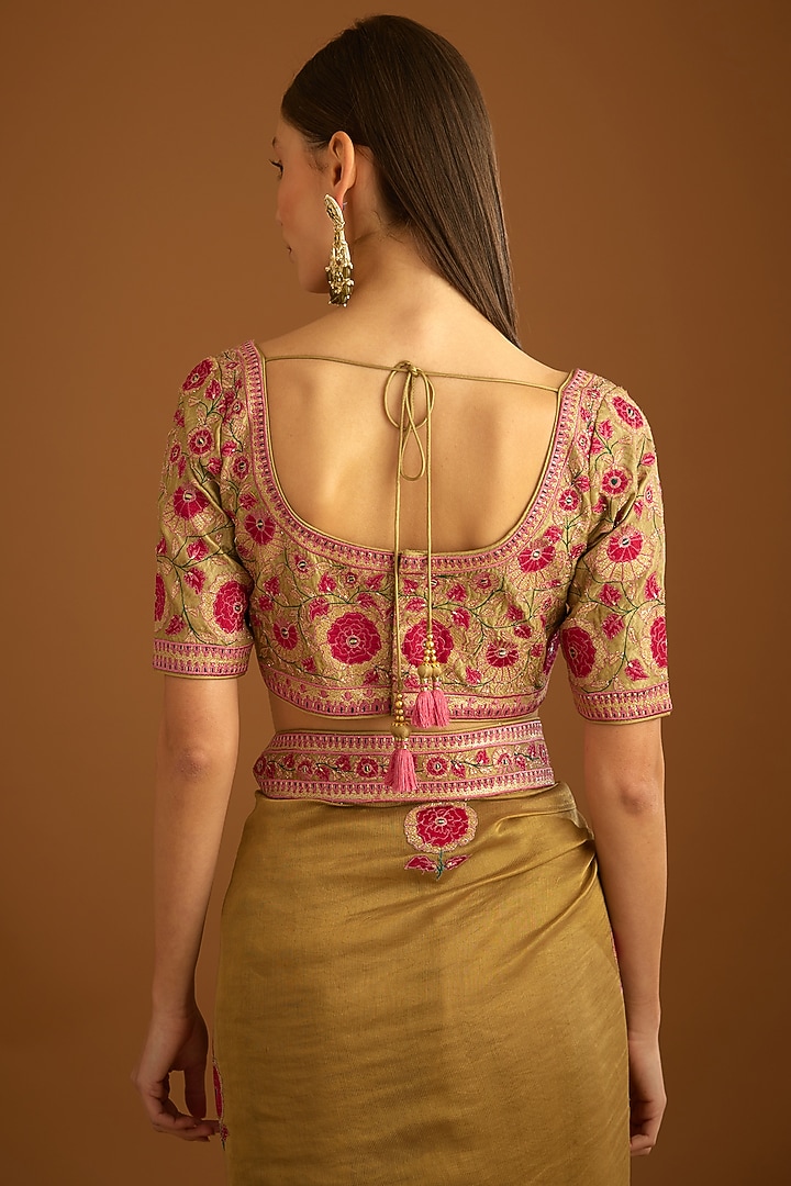 Mustard Gold Chanderi Silk Embroidered Wedding Saree Set by Shyam Narayan Prasad at Pernia's Pop Up Shop