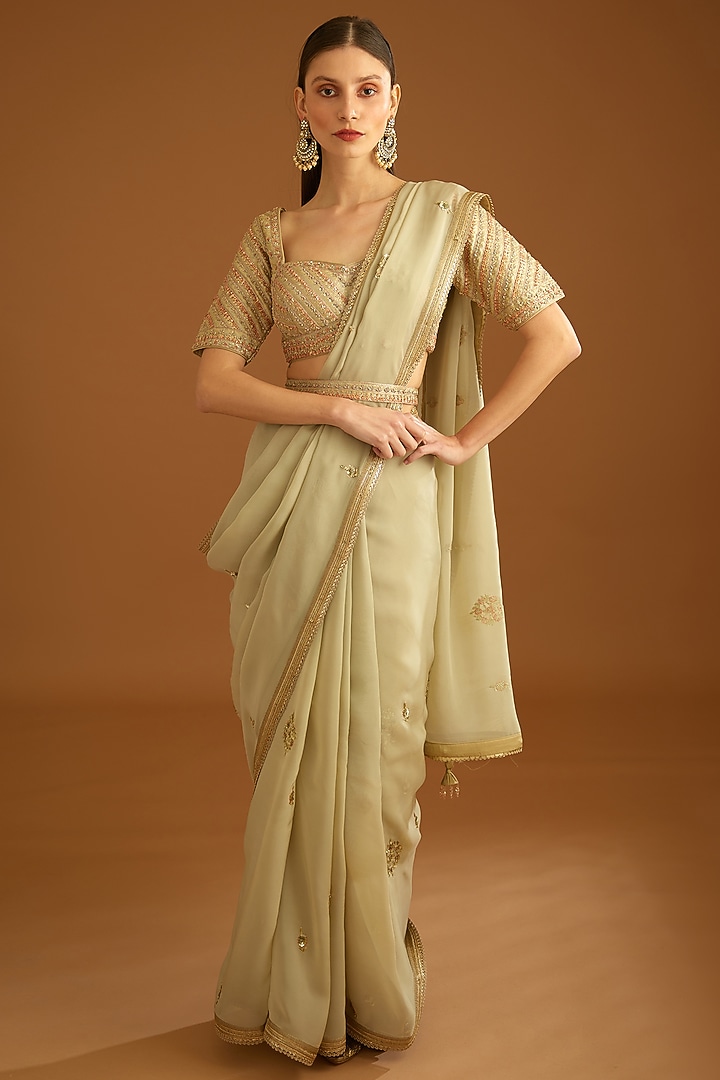 Whisper Green Organza Embroidered Wedding Saree Set by Shyam Narayan Prasad at Pernia's Pop Up Shop