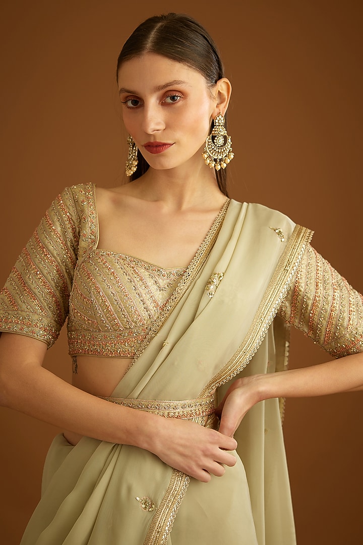 Whisper Green Organza Embroidered Wedding Saree Set by Shyam Narayan Prasad at Pernia's Pop Up Shop
