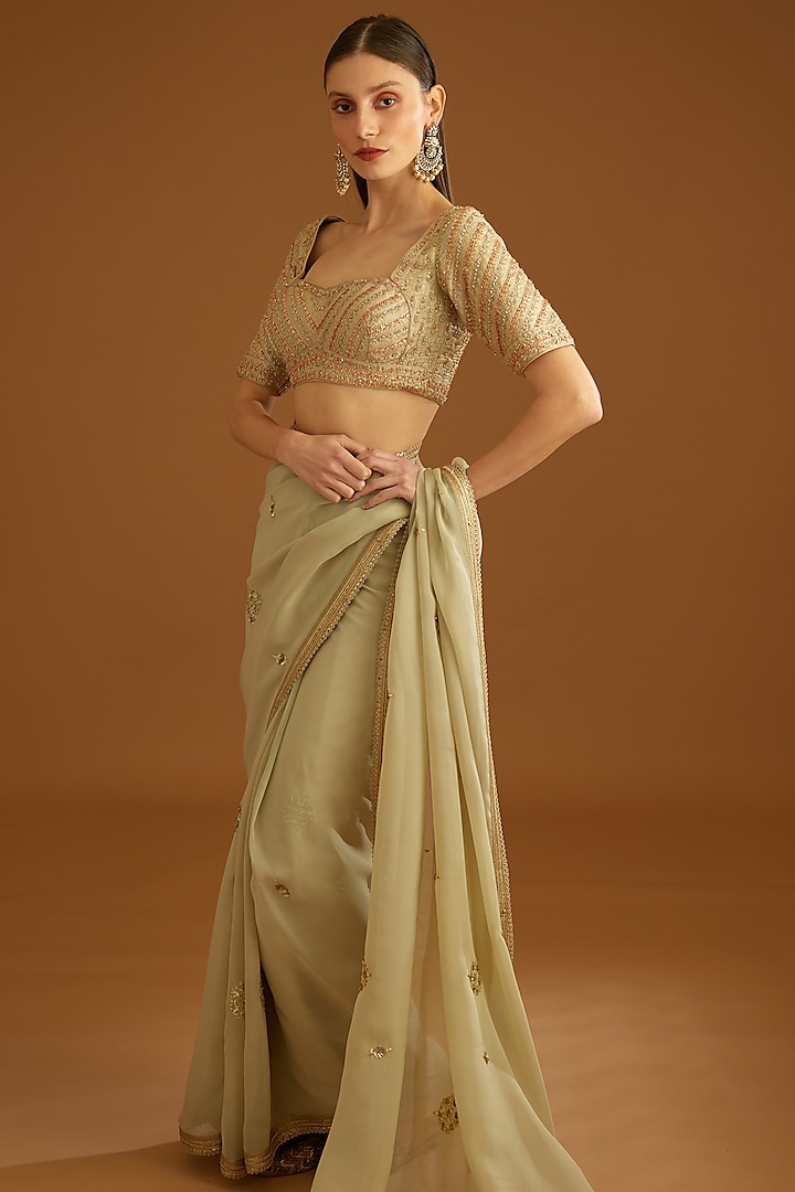 Whisper Green Organza Embroidered Wedding Saree Set by Shyam Narayan Prasad at Pernia's Pop Up Shop