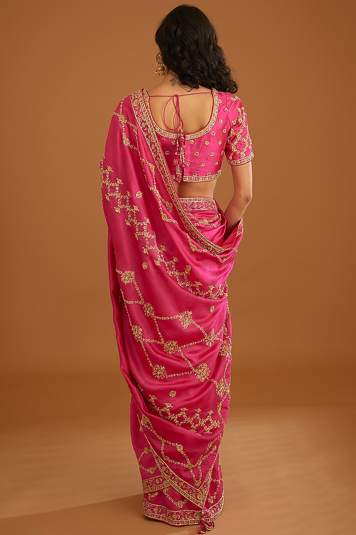 Fuschia Pink Dupion Silk Embroidered Wedding Saree Set by Shyam Narayan Prasad at Pernia's Pop Up Shop