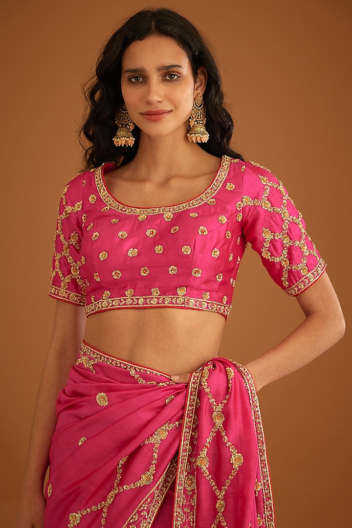 Fuschia Pink Dupion Silk Embroidered Wedding Saree Set by Shyam Narayan Prasad at Pernia's Pop Up Shop