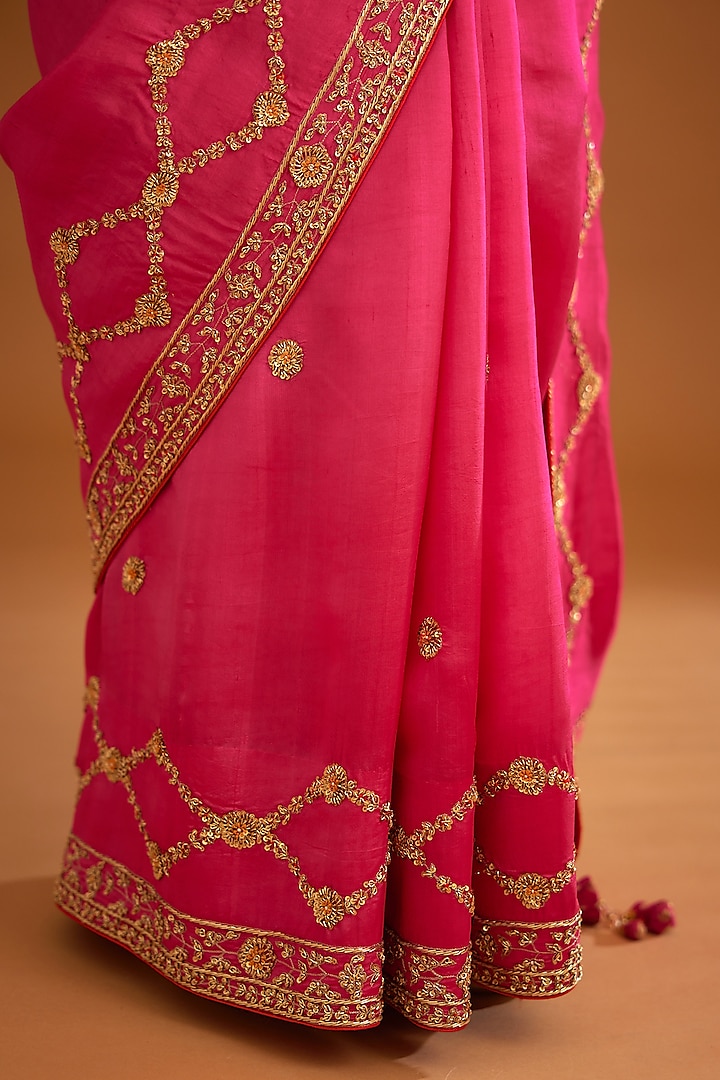 Fuschia Pink Dupion Silk Embroidered Wedding Saree Set by Shyam Narayan Prasad at Pernia's Pop Up Shop
