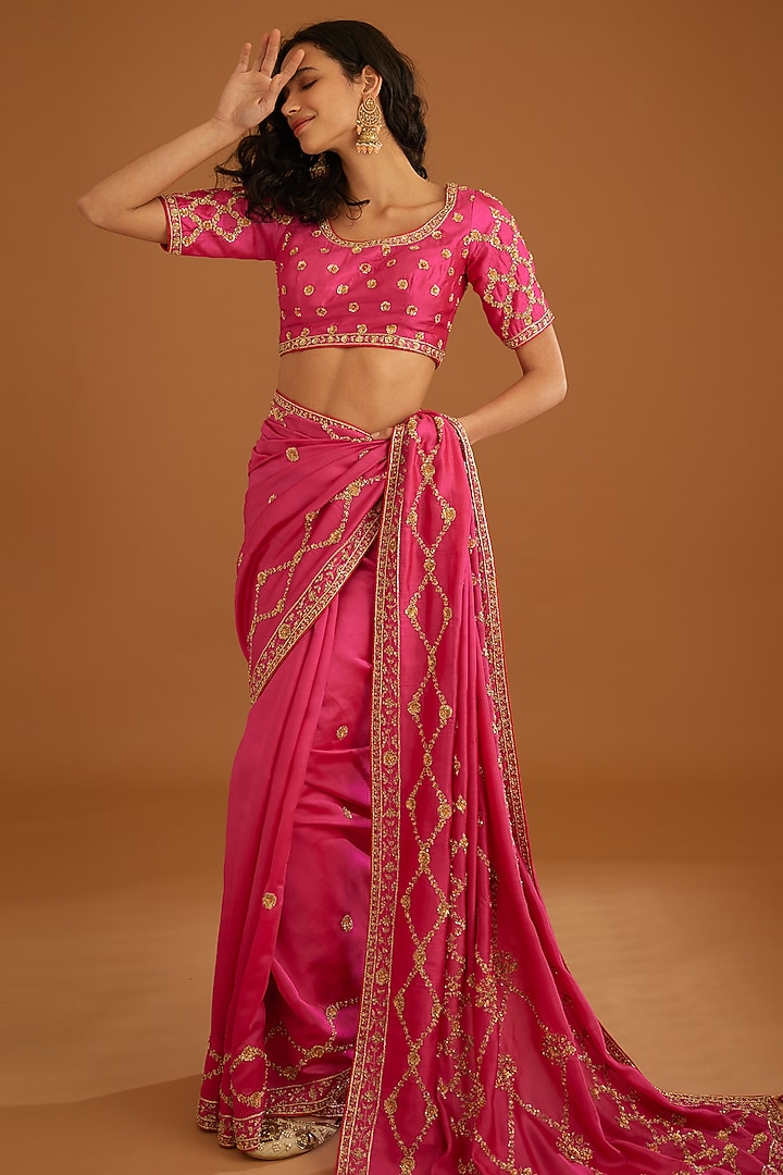 Fuschia Pink Dupion Silk Embroidered Wedding Saree Set by Shyam Narayan Prasad at Pernia's Pop Up Shop