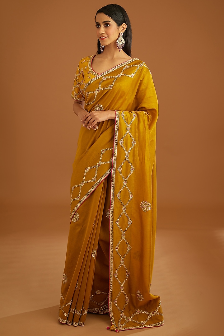 Mustard Yellow Dupion Silk Embroidered Wedding Saree Set by Shyam Narayan Prasad at Pernia's Pop Up Shop