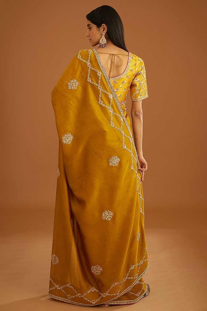 Mustard Yellow Dupion Silk Embroidered Wedding Saree Set by Shyam Narayan Prasad at Pernia's Pop Up Shop