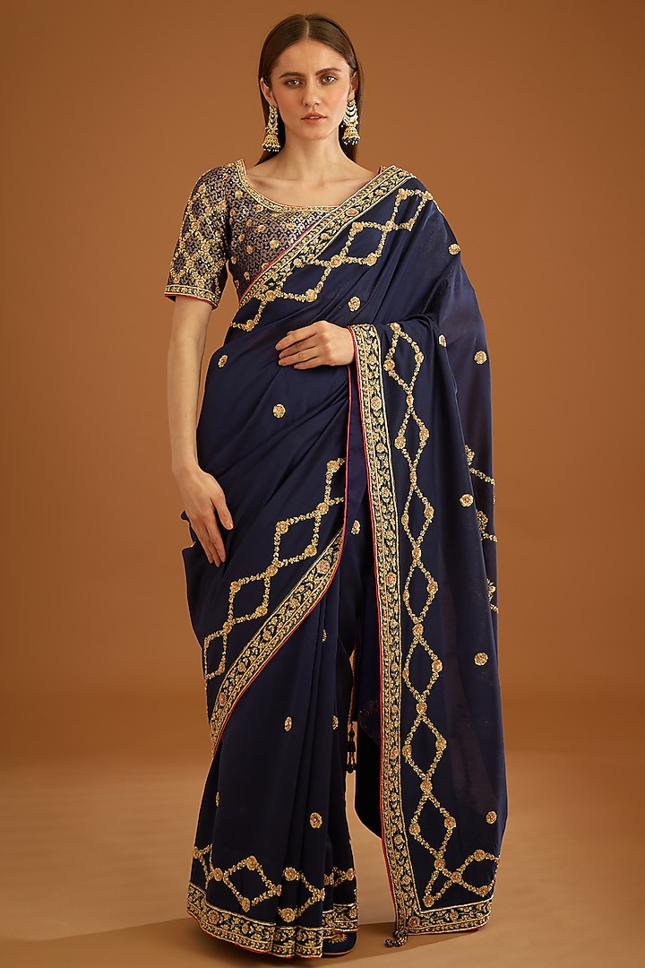 Dark Navy Blue Dupion Silk Embroidered Saree Set by Shyam Narayan Prasad