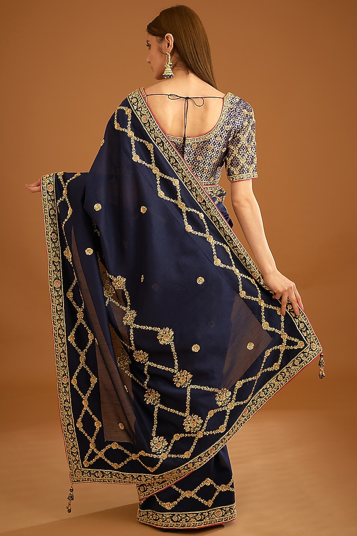 Designer Navy Blue Lehariya Weave Dupion Silk Saree DK04 main image 0