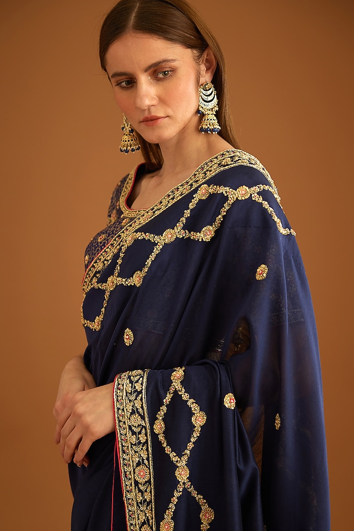 Dark Navy Blue Dupion Silk Embroidered Wedding Saree Set by Shyam Narayan Prasad at Pernia's Pop Up Shop