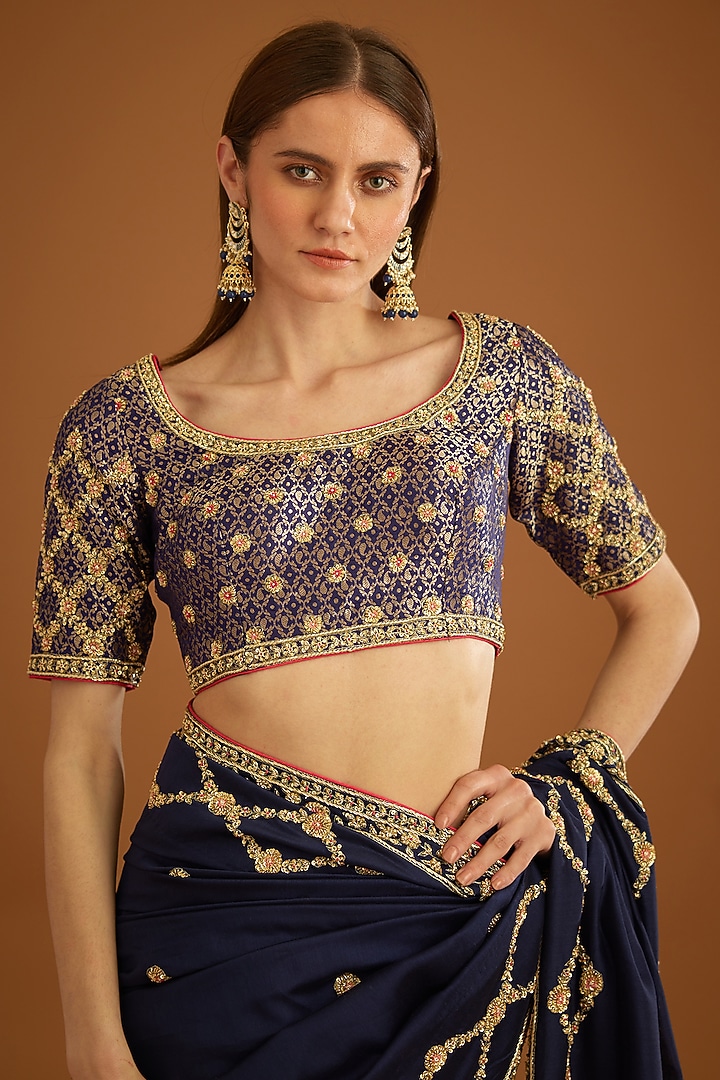 Dark Navy Blue Dupion Silk Embroidered Wedding Saree Set by Shyam Narayan Prasad at Pernia's Pop Up Shop