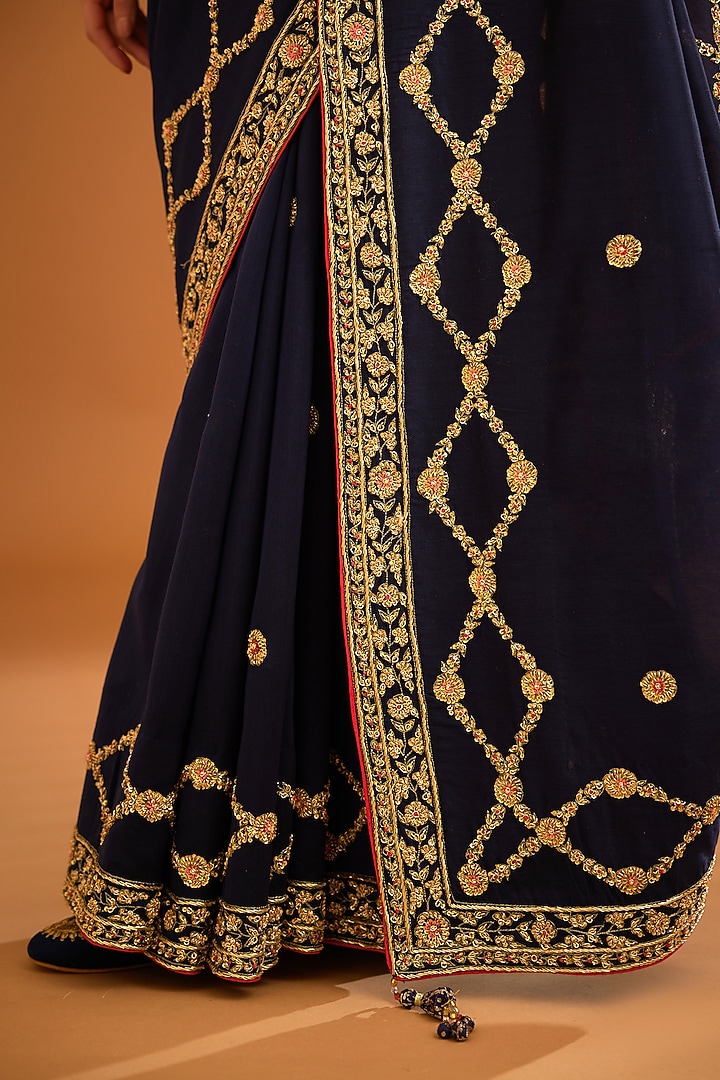 Dark Navy Blue Dupion Silk Embroidered Wedding Saree Set by Shyam Narayan Prasad at Pernia's Pop Up Shop