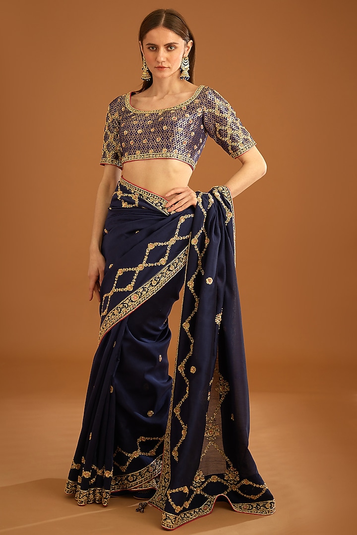 Dark Navy Blue Dupion Silk Embroidered Wedding Saree Set by Shyam Narayan Prasad at Pernia's Pop Up Shop