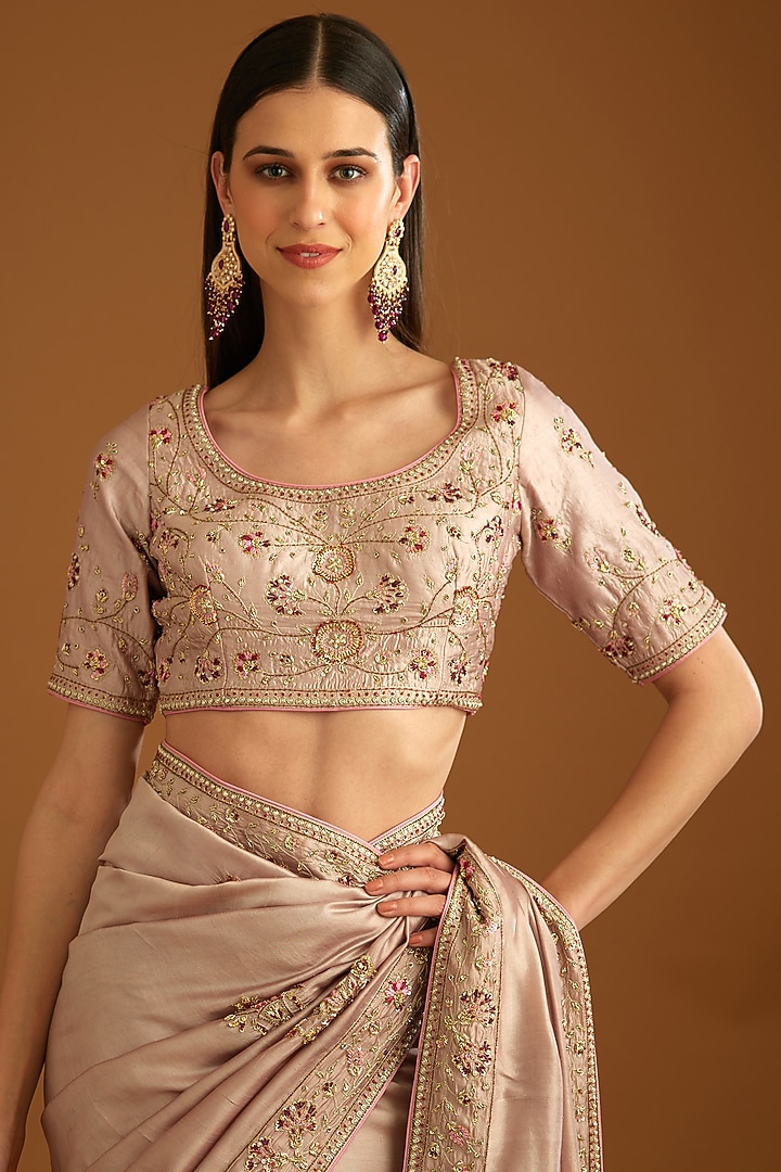 Whisper Pink Dupion Silk Embroidered Wedding Saree Set by Shyam Narayan Prasad at Pernia's Pop Up Shop