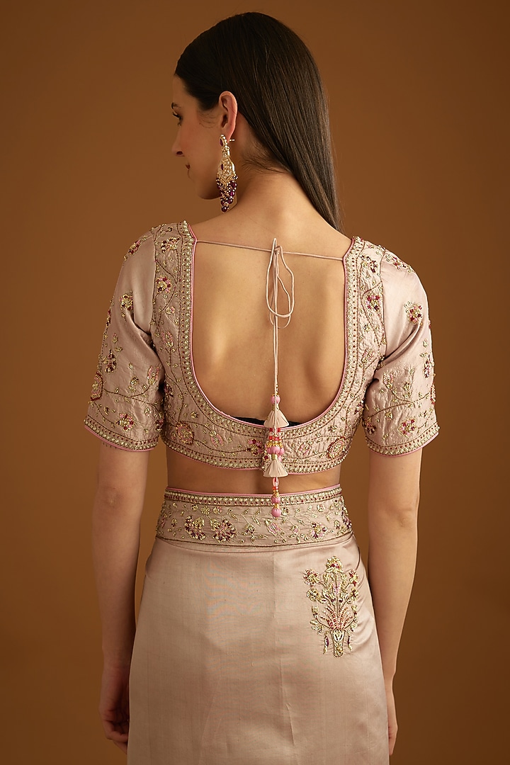 Whisper Pink Dupion Silk Embroidered Wedding Saree Set by Shyam Narayan Prasad at Pernia's Pop Up Shop