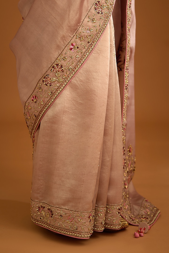 Whisper Pink Dupion Silk Embroidered Wedding Saree Set by Shyam Narayan Prasad at Pernia's Pop Up Shop