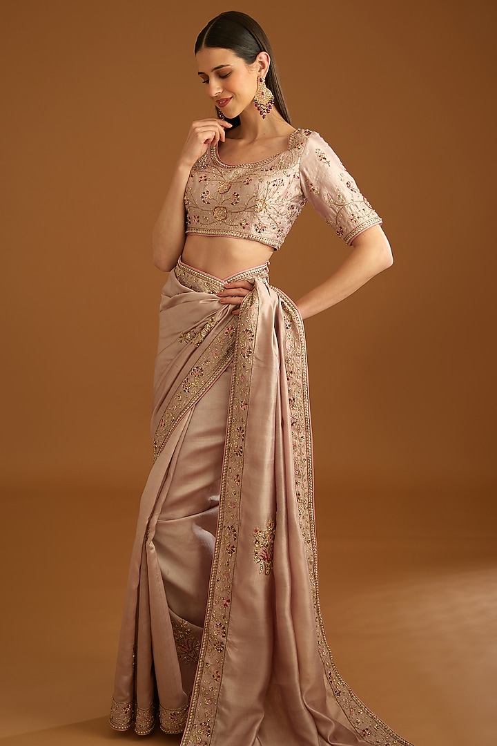 Whisper Pink Dupion Silk Embroidered Wedding Saree Set by Shyam Narayan Prasad at Pernia's Pop Up Shop