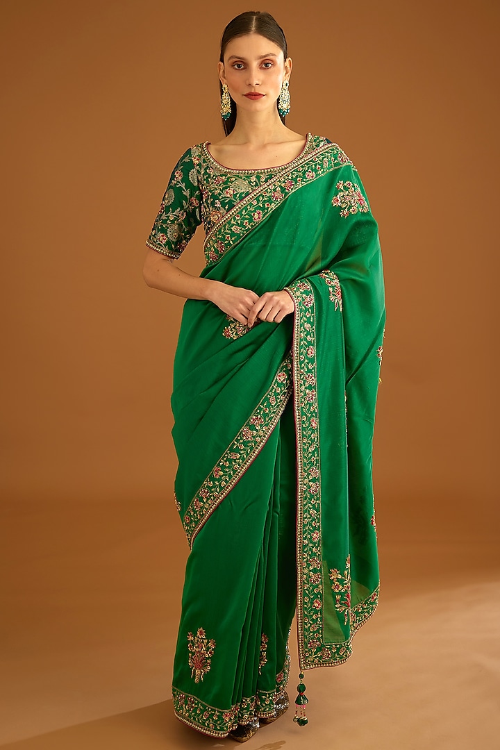 Alpine Green Silk Chanderi Embroidered Saree Set by Shyam Narayan Prasad
