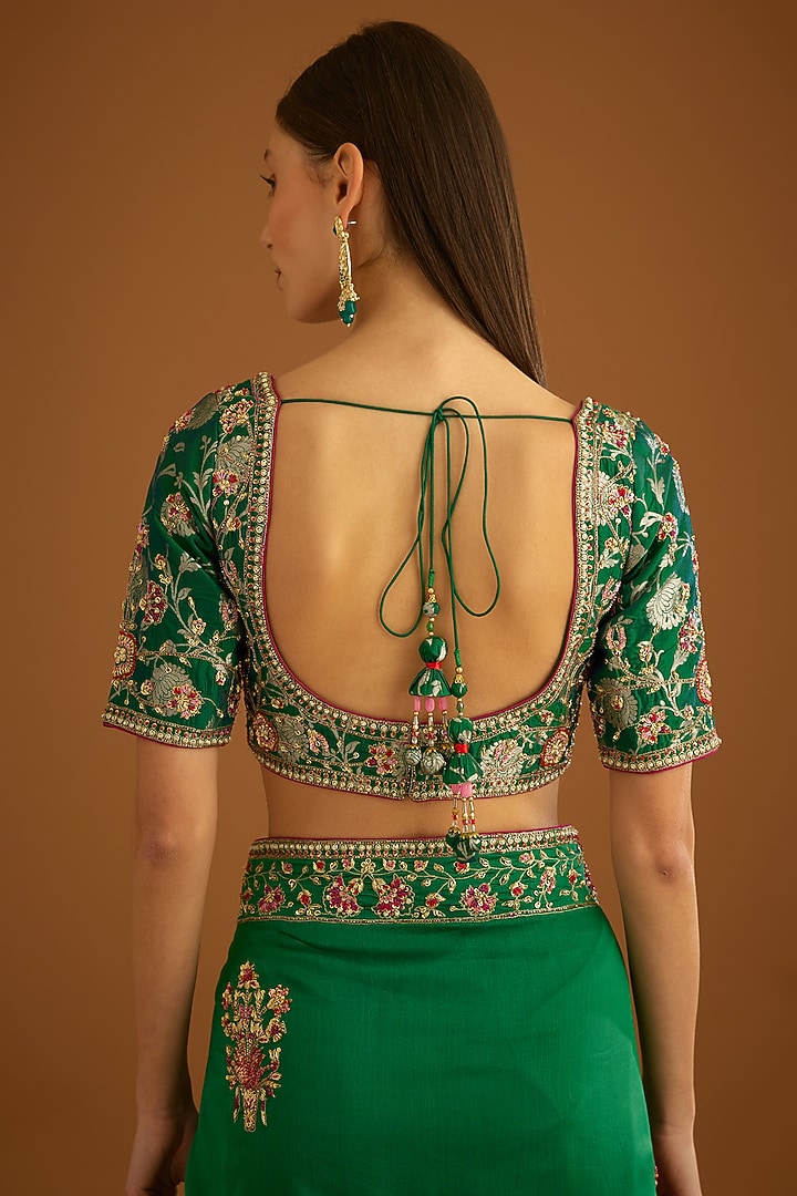 Alpine Green Silk Chanderi Embroidered Wedding Saree Set by Shyam Narayan Prasad at Pernia's Pop Up Shop