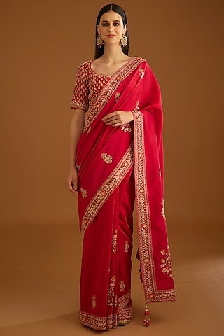 Barberry Red Silk Chanderi Embroidered Saree Set by Shyam Narayan Prasad