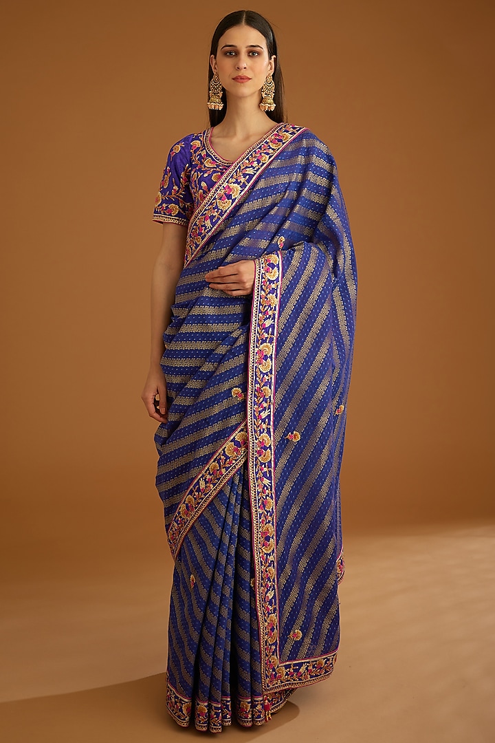 Blue Violet Chanderi Jacquard Embroidered Saree Set by Shyam Narayan Prasad