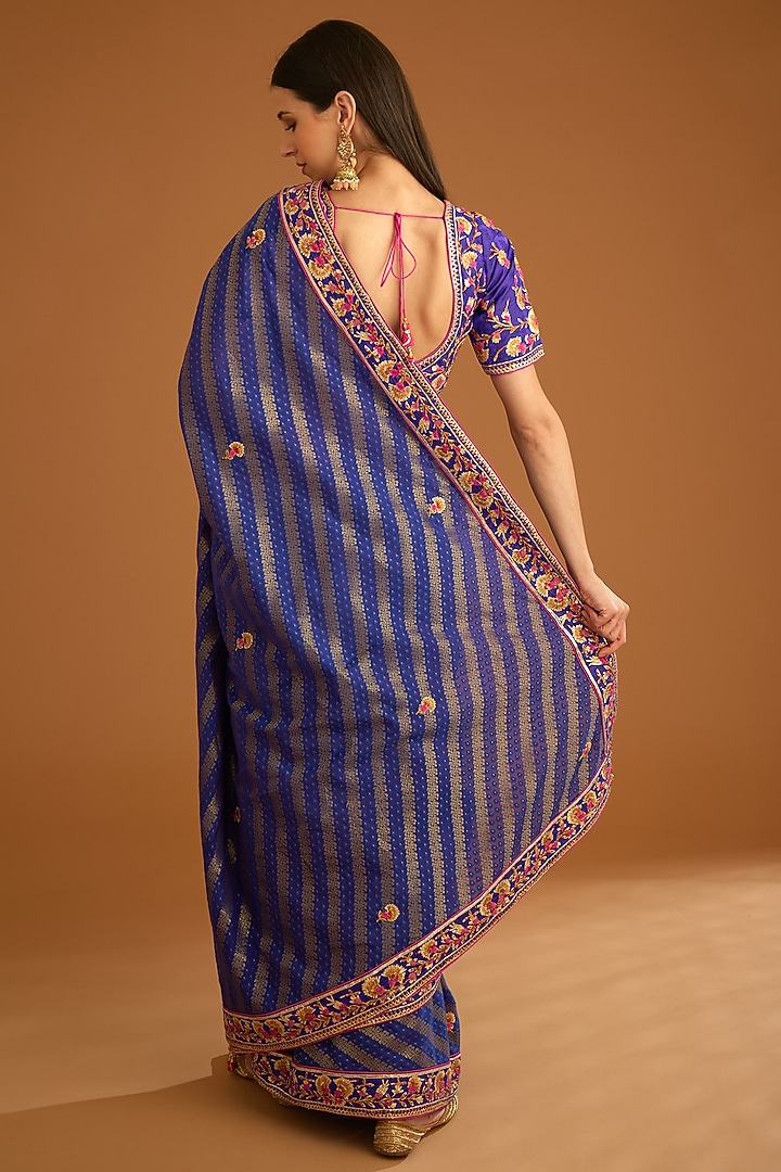 Blue Violet Chanderi Jacquard Embroidered Wedding Saree Set by Shyam Narayan Prasad at Pernia's Pop Up Shop