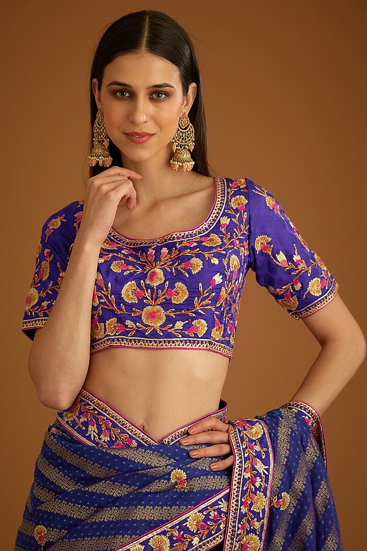 Blue Violet Chanderi Jacquard Embroidered Wedding Saree Set by Shyam Narayan Prasad at Pernia's Pop Up Shop