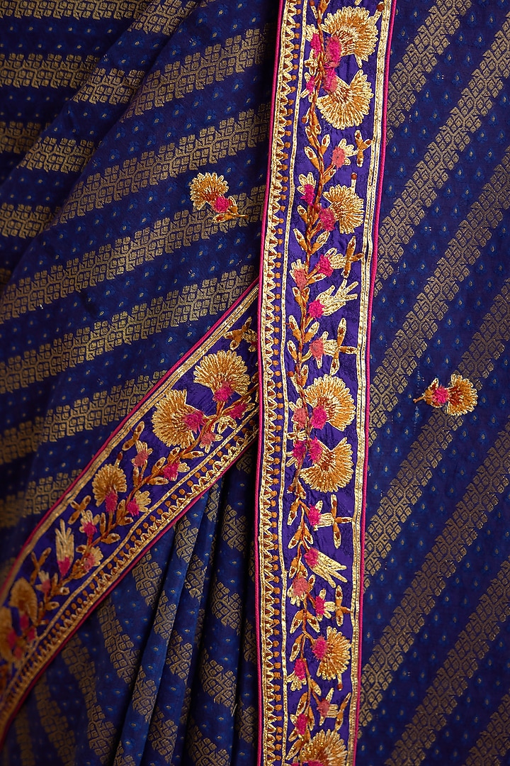 Blue Violet Chanderi Jacquard Embroidered Wedding Saree Set by Shyam Narayan Prasad at Pernia's Pop Up Shop