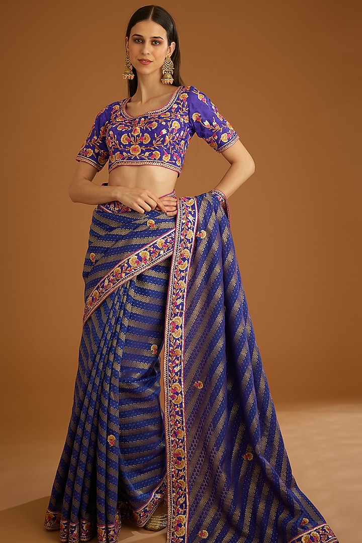 Blue Violet Chanderi Jacquard Embroidered Wedding Saree Set by Shyam Narayan Prasad at Pernia's Pop Up Shop