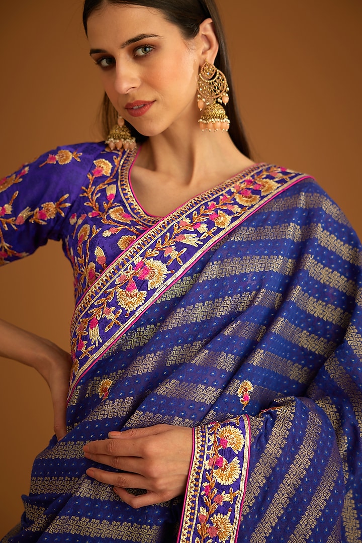 Blue Violet Chanderi Jacquard Embroidered Wedding Saree Set by Shyam Narayan Prasad at Pernia's Pop Up Shop