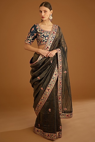 Dark Navy Blue Chanderi Jacquard Embroidered Saree Set by Shyam Narayan Prasad