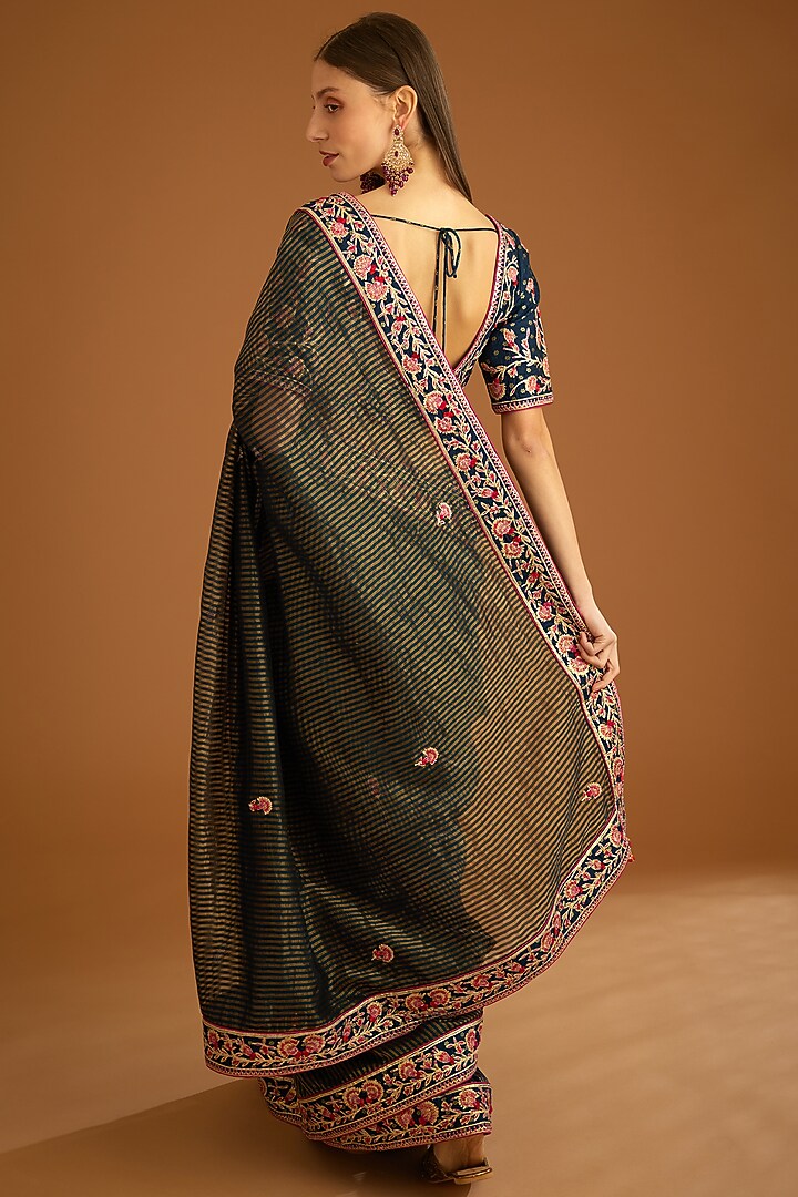 Dark Navy Blue Chanderi Jacquard Embroidered Wedding Saree Set by Shyam Narayan Prasad at Pernia's Pop Up Shop