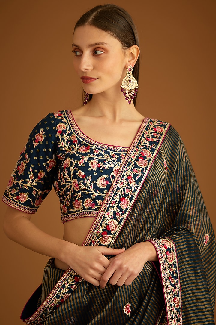 Dark Navy Blue Chanderi Jacquard Embroidered Wedding Saree Set by Shyam Narayan Prasad at Pernia's Pop Up Shop