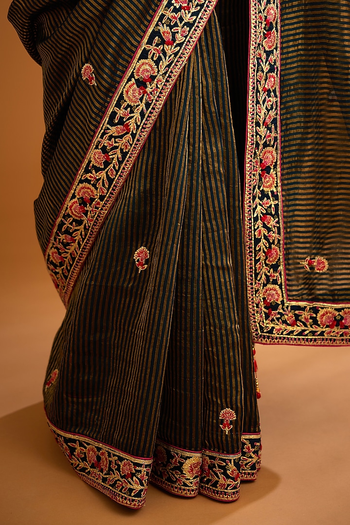 Dark Navy Blue Chanderi Jacquard Embroidered Wedding Saree Set by Shyam Narayan Prasad at Pernia's Pop Up Shop