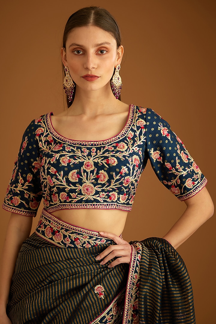 Dark Navy Blue Chanderi Jacquard Embroidered Wedding Saree Set by Shyam Narayan Prasad at Pernia's Pop Up Shop