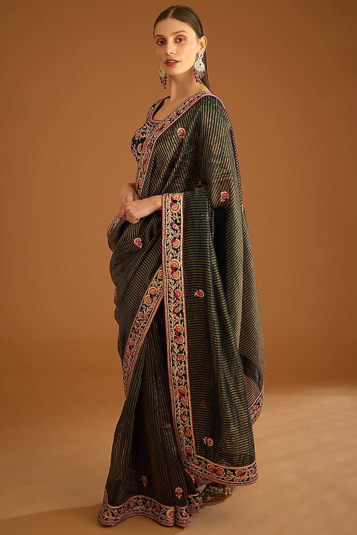 Dark Navy Blue Chanderi Jacquard Embroidered Wedding Saree Set by Shyam Narayan Prasad at Pernia's Pop Up Shop