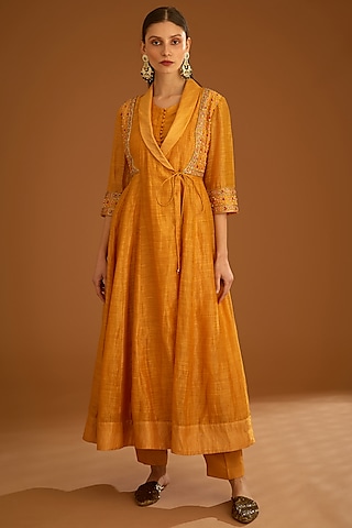 Mango Yellow Chanderi Embroidered Angrakha Set by Shyam Narayan Prasad