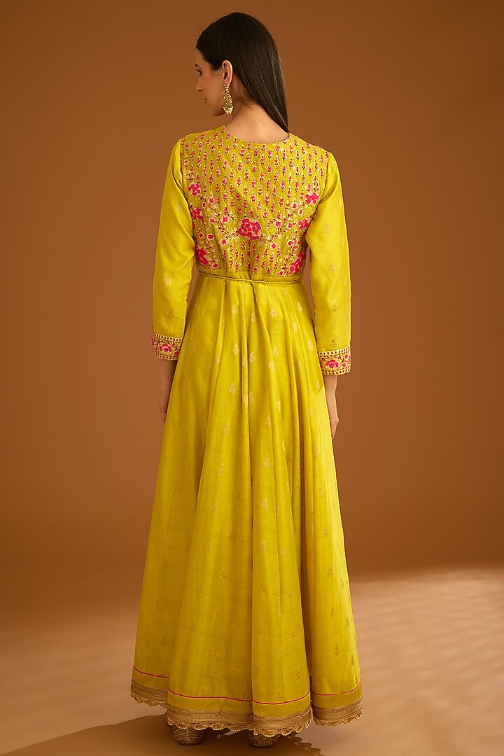 Lime Modal Satin & Chanderi Jacquard Embroidered Wedding Anarkali Set by Shyam Narayan Prasad at Pernia's Pop Up Shop