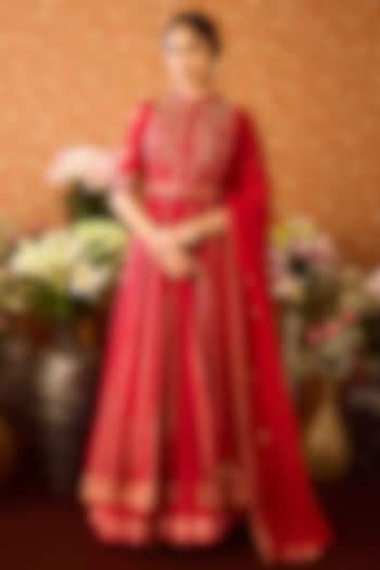 Persian Maroon Viscose Silk Brocade Hand Embroidered Wedding Anarkali Set by Shyam Narayan Prasad at Pernia's Pop Up Shop