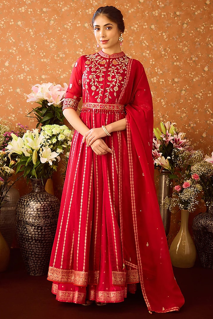 Persian Maroon Viscose Silk Brocade Hand Embroidered Wedding Anarkali Set by Shyam Narayan Prasad at Pernia's Pop Up Shop