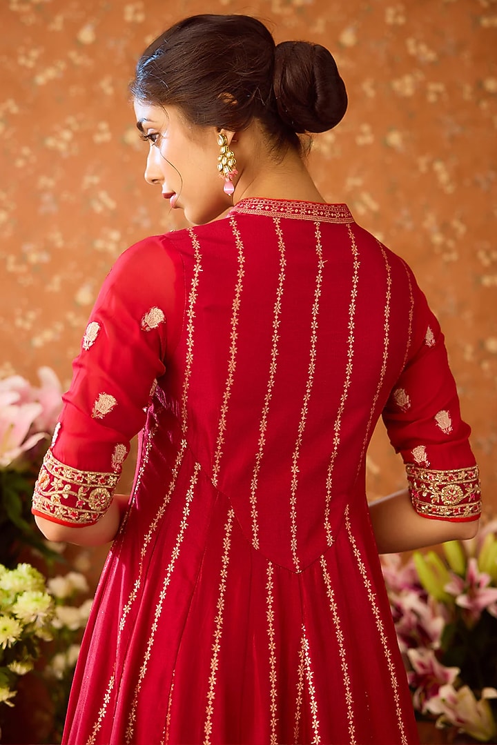 Persian Maroon Viscose Silk Brocade Hand Embroidered Wedding Anarkali Set by Shyam Narayan Prasad at Pernia's Pop Up Shop
