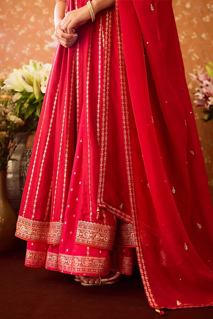 Persian Maroon Viscose Silk Brocade Hand Embroidered Wedding Anarkali Set by Shyam Narayan Prasad at Pernia's Pop Up Shop