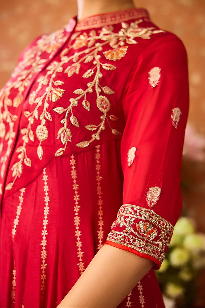 Persian Maroon Viscose Silk Brocade Hand Embroidered Wedding Anarkali Set by Shyam Narayan Prasad at Pernia's Pop Up Shop