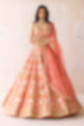 Coral Orange Raw Silk Applique Embroidered Wedding Lehenga Set by Shyam Narayan Prasad at Pernia's Pop Up Shop