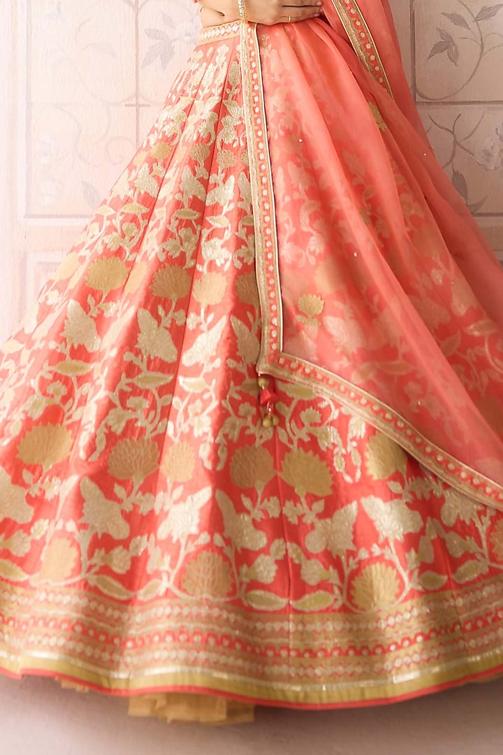 Coral Orange Raw Silk Applique Embroidered Wedding Lehenga Set by Shyam Narayan Prasad at Pernia's Pop Up Shop