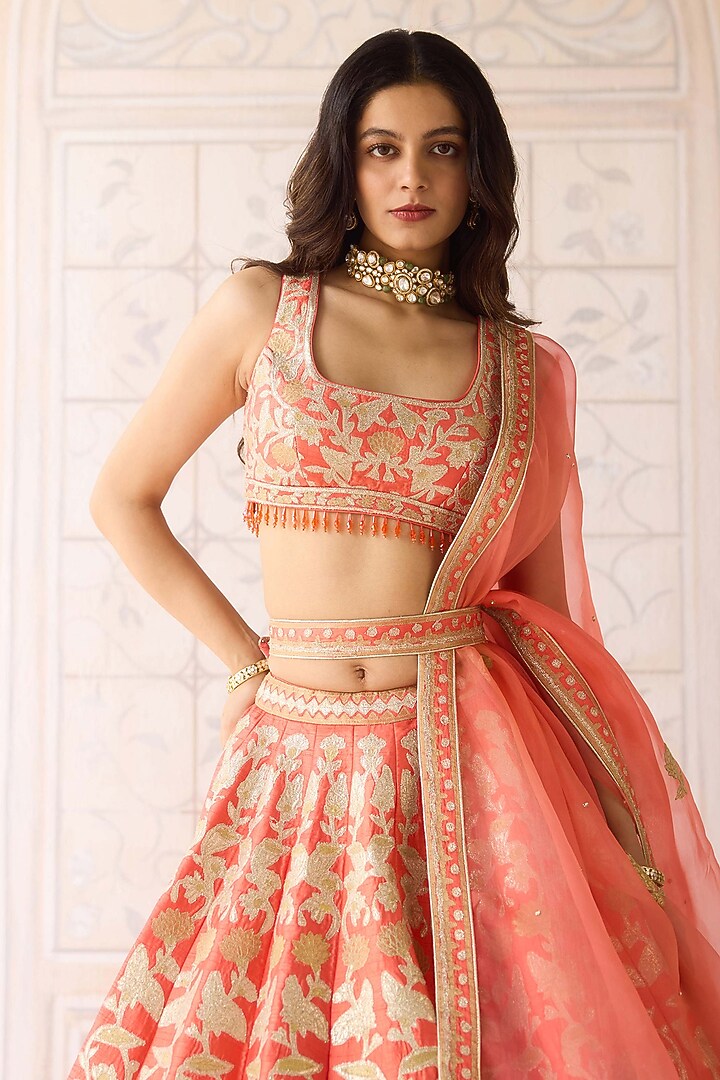 Coral Orange Raw Silk Applique Embroidered Wedding Lehenga Set by Shyam Narayan Prasad at Pernia's Pop Up Shop