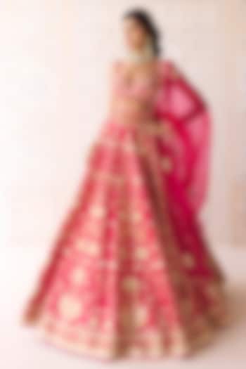 Carmine Rose Pink Raw Silk Applique Embroidered Wedding Lehenga Set by Shyam Narayan Prasad at Pernia's Pop Up Shop