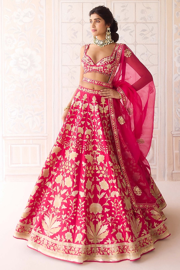 Carmine Rose Pink Raw Silk Applique Embroidered Wedding Lehenga Set by Shyam Narayan Prasad at Pernia's Pop Up Shop