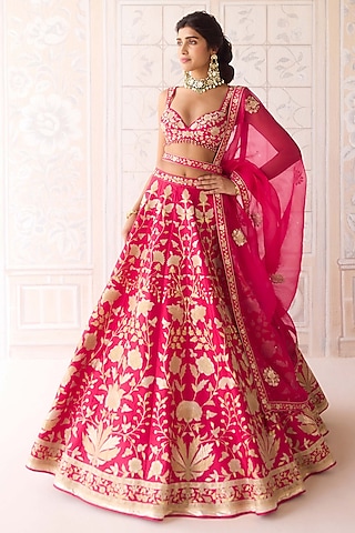 Carmine Rose Pink Raw Silk Applique Embroidered Lehenga Set by Shyam Narayan Prasad