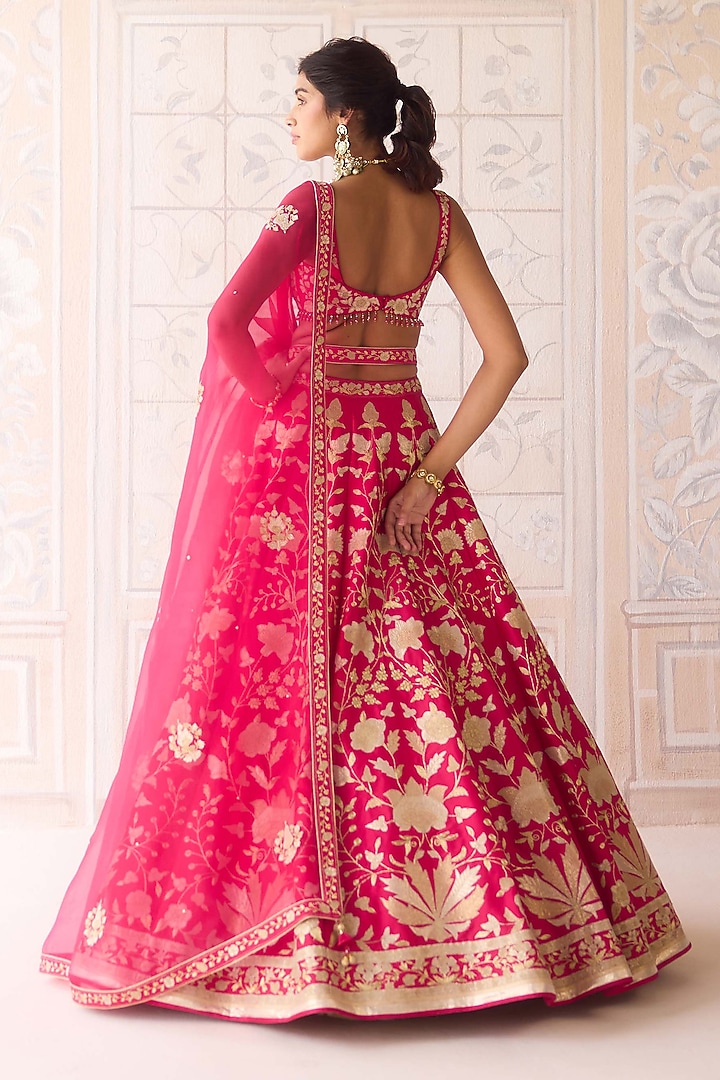 Carmine Rose Pink Raw Silk Applique Embroidered Wedding Lehenga Set by Shyam Narayan Prasad at Pernia's Pop Up Shop